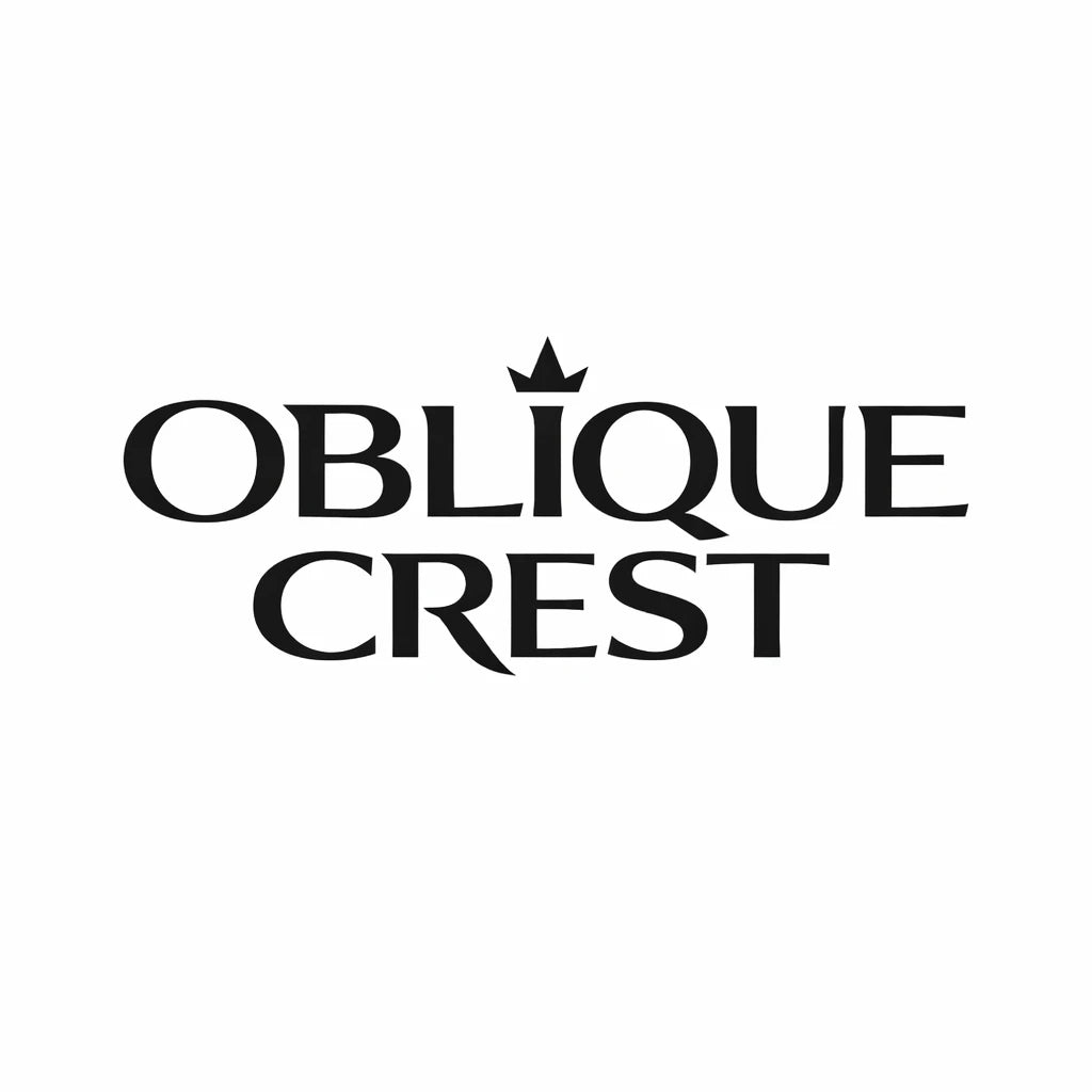 Minimal black and white high-end typographic logo concept with symbolic elements fused directly into custom geometric wordmark: OBLIQUE CREST