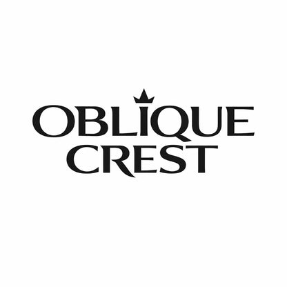 Minimal black and white high-end typographic logo concept with symbolic elements fused directly into custom geometric wordmark: OBLIQUE CREST