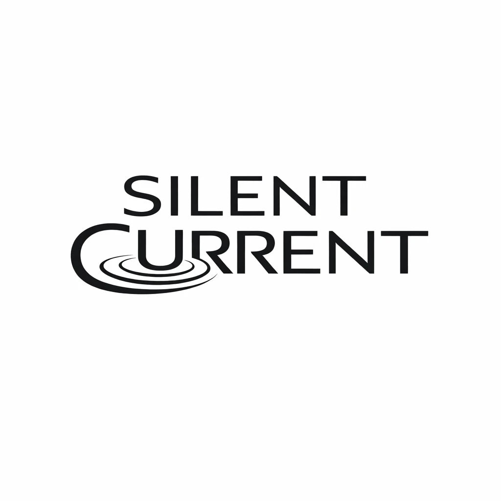 Minimal black and white high-end typographic logo concept with symbolic elements fused directly into custom geometric wordmark: SILENT CURRENT