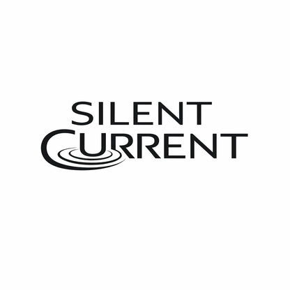 Minimal black and white high-end typographic logo concept with symbolic elements fused directly into custom geometric wordmark: SILENT CURRENT