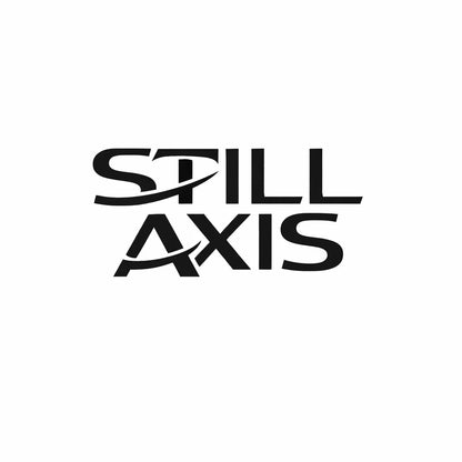 Minimal black and white high-end typographic logo concept with symbolic elements fused directly into custom geometric wordmark: STILL AXIS