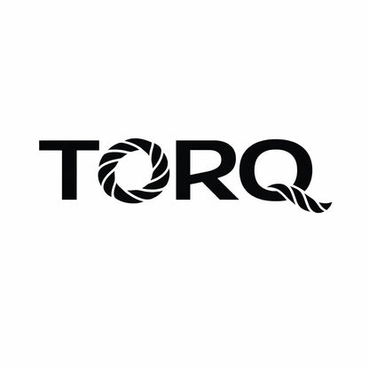 Minimal black and white high-end typographic logo concept with symbolic elements fused directly into custom geometric wordmark: TORQ