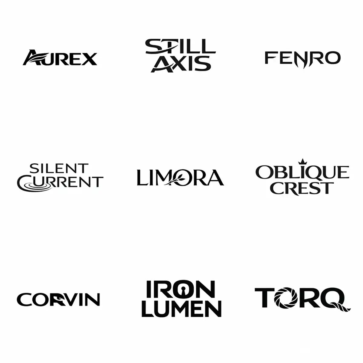 Minimal black and white high-end typographic logo concepts with symbolic elements fused directly into custom geometric wordmarks.