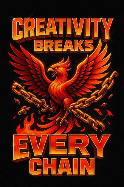 Example output from the High Impact 3D Retro Quote Logos ChatGPT prompt: 3D retro-style quote logos with neon glow and cinematic textures, featuring dynamic layouts and nostalgic energy for album art, intros, and posts. Creativity Breaks Every Chain.