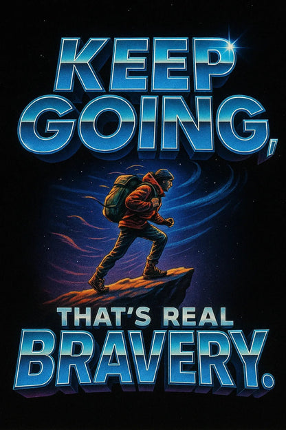 Example output from the High Impact 3D Retro Quote Logos ChatGPT prompt: 3D retro-style quote logos with neon glow and cinematic textures, featuring dynamic layouts and nostalgic energy for album art, intros, and posts. Keep Going, Thats Real Bravery.