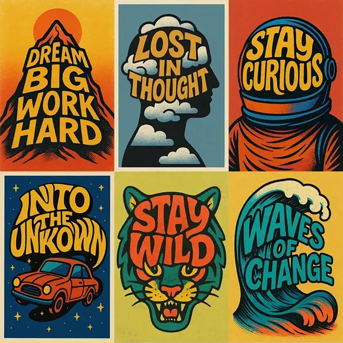 Example output from the High Impact Quote Poster Design ChatGPT prompt: vibrant poster illustrations with bold hand-drawn quotes, textured screenprint effects, and stylized graphic integration for motivational or conceptual visuals.