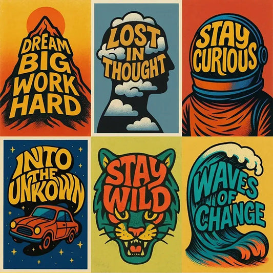 Example output from the High Impact Quote Poster Design ChatGPT prompt: vibrant poster illustrations with bold hand-drawn quotes, textured screenprint effects, and stylized graphic integration for motivational or conceptual visuals.