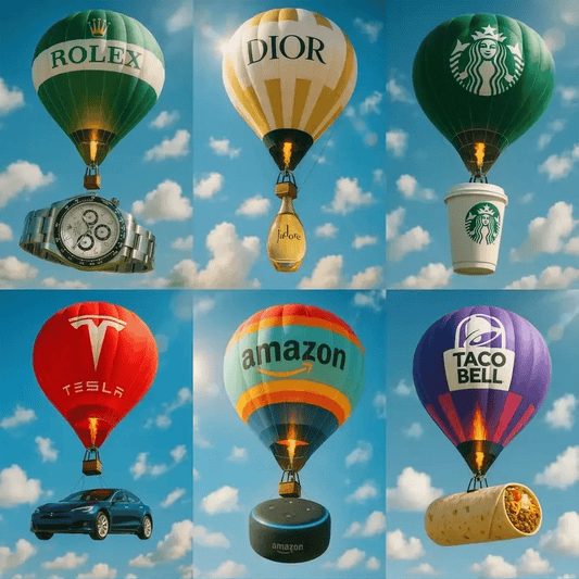 Example output of six hot air balloons carrying various branded products—watch, perfume bottle, coffee cup, car, smart speaker, and burrito—generated by a ChatGPT prompt template, featuring realistic flame effects, shallow depth-of-field, and a bright blue sky background.
