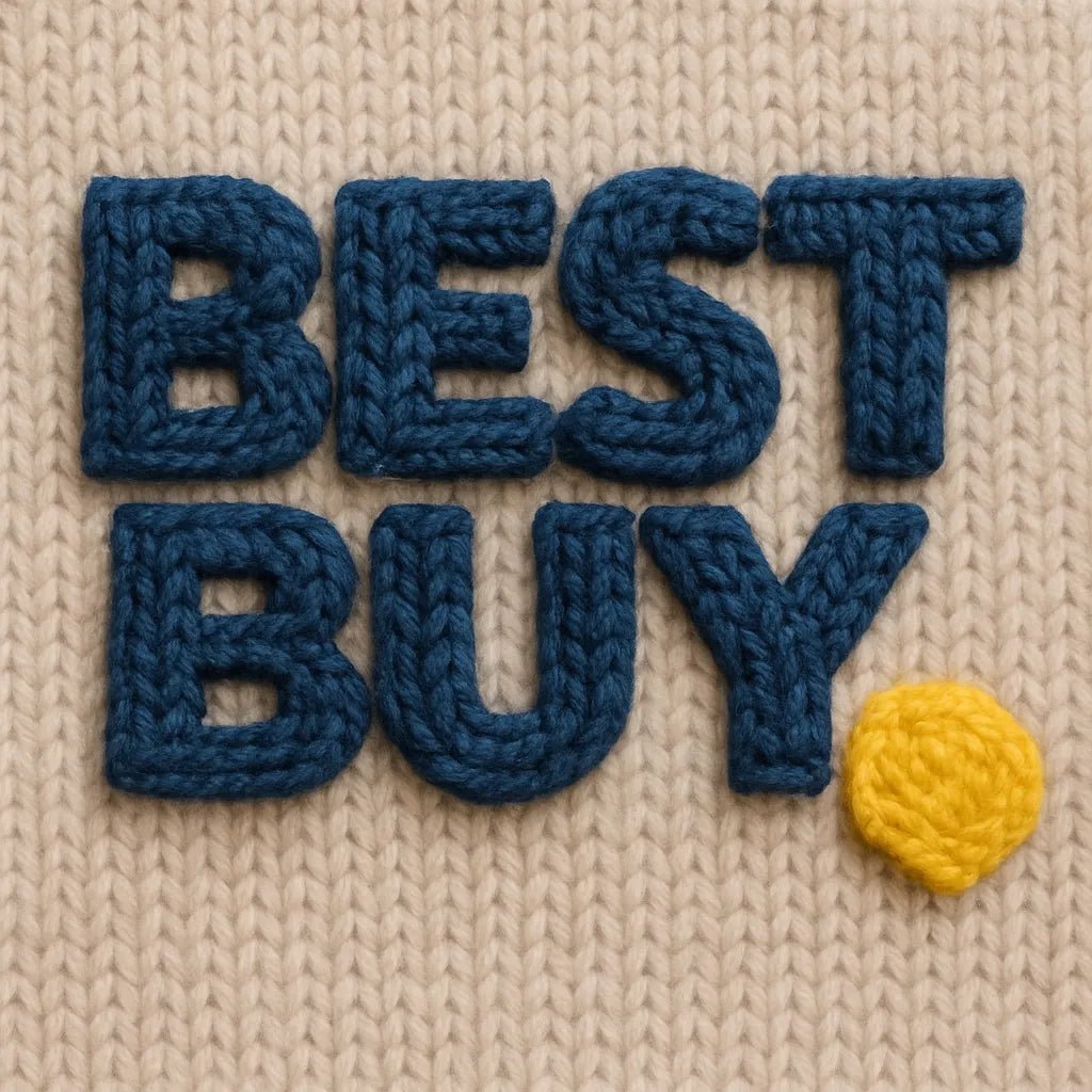 Example output of hyper-realistic 3D wool yarn logo generated by a ChatGPT prompt template, showcasing stitched versions of brand: Best Buy.