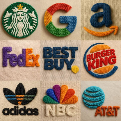 Example output of hyper-realistic 3D wool yarn logos generated by a ChatGPT prompt template, showcasing stitched versions of brands like Starbucks, Google, Amazon, FedEx, Best Buy, Burger King, Adidas, NBC, and AT&T with rich knitted texture, visible stitches, natural shading, and a soft fabric backdrop.