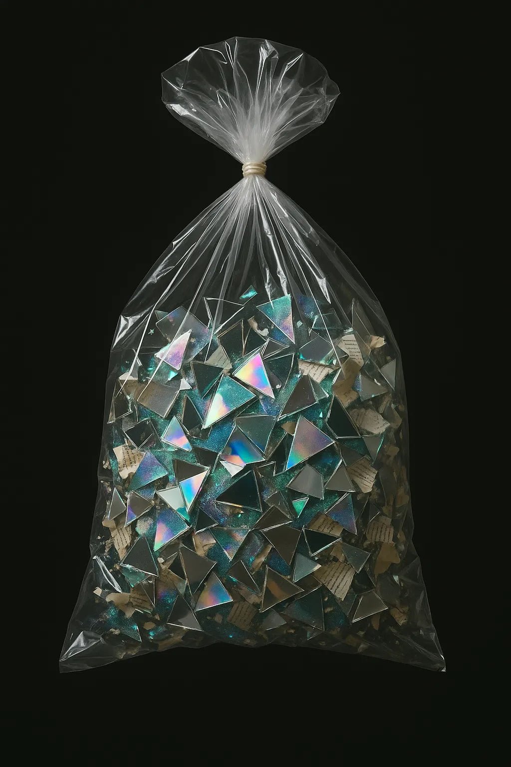 Example output of hyperreal floating bag product shots generated by a ChatGPT prompt template. Broken Mirror.