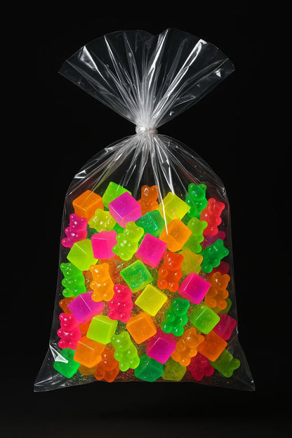 Example output of hyperreal floating bag product shots generated by a ChatGPT prompt template. Gummy.