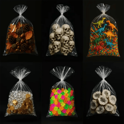 Example output of hyperreal floating bag product shots generated by a ChatGPT prompt template, showcasing various items—pinecones and acorns, stacked skulls, colorful toy dinosaurs, coins with crystal beads, neon gummy cubes, and natural geode slices—encased in a floating clear plastic bag with glossy reflections against a sleek black background.
