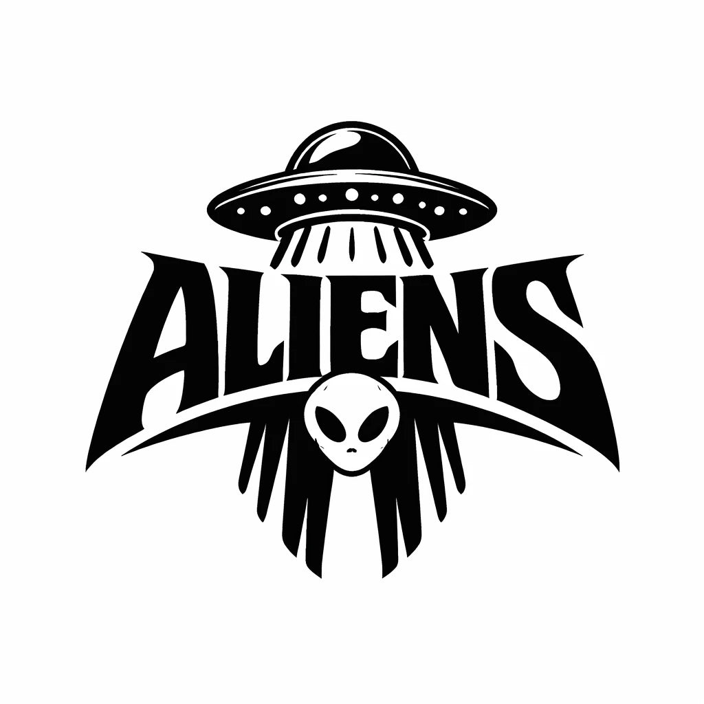 Black emblem logo design with bold typography and iconic symbol, prompt for timeless brand identity: Aliens