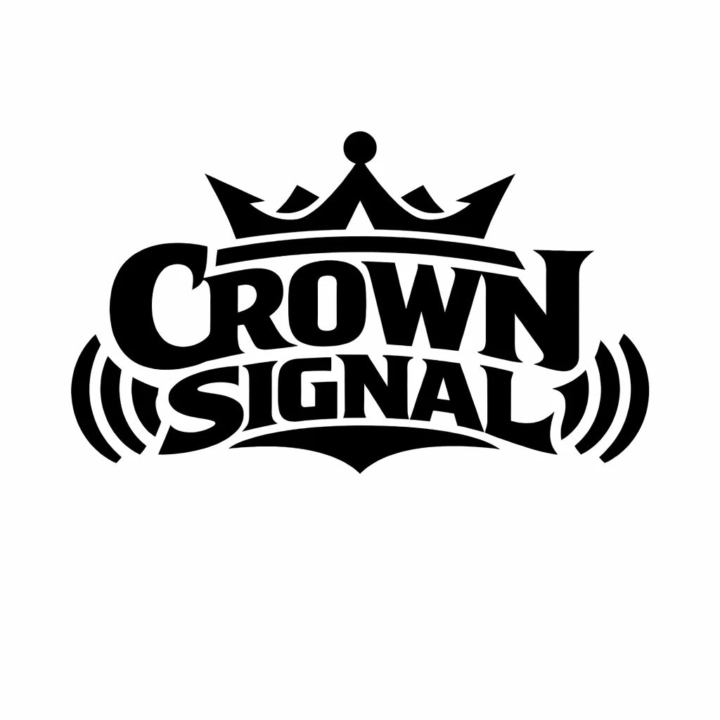 Black emblem logo design with bold typography and iconic symbol, prompt for timeless brand identity: Crown Signal