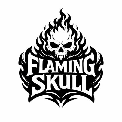 Black emblem logo design with bold typography and iconic symbol, prompt for timeless brand identity: Flaming Skull