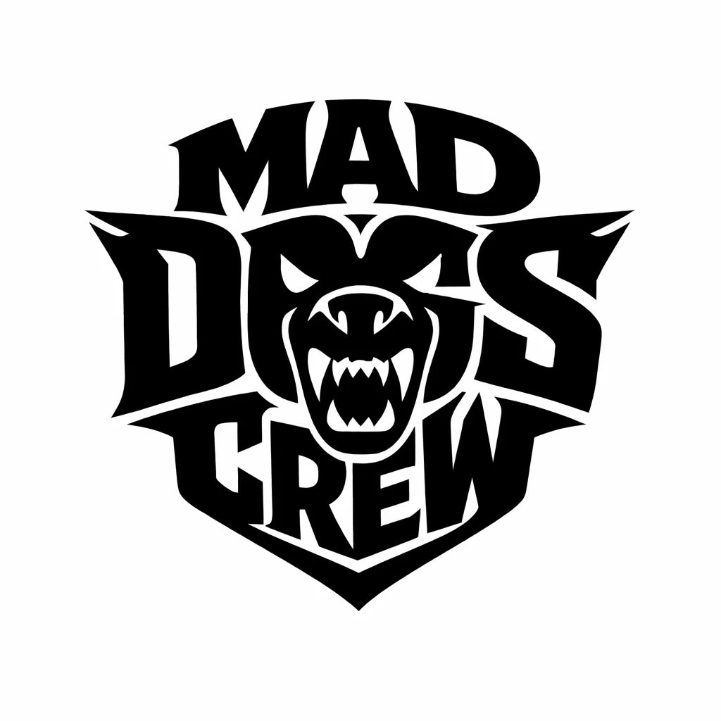 Black emblem logo design with bold typography and iconic symbol, prompt for timeless brand identity: Mad Dogs Crew