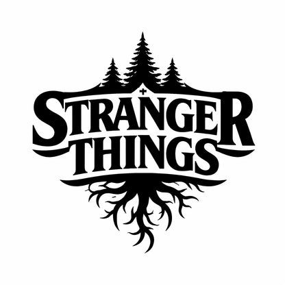 Black emblem logo design with bold typography and iconic symbol, prompt for timeless brand identity: Stranger Things