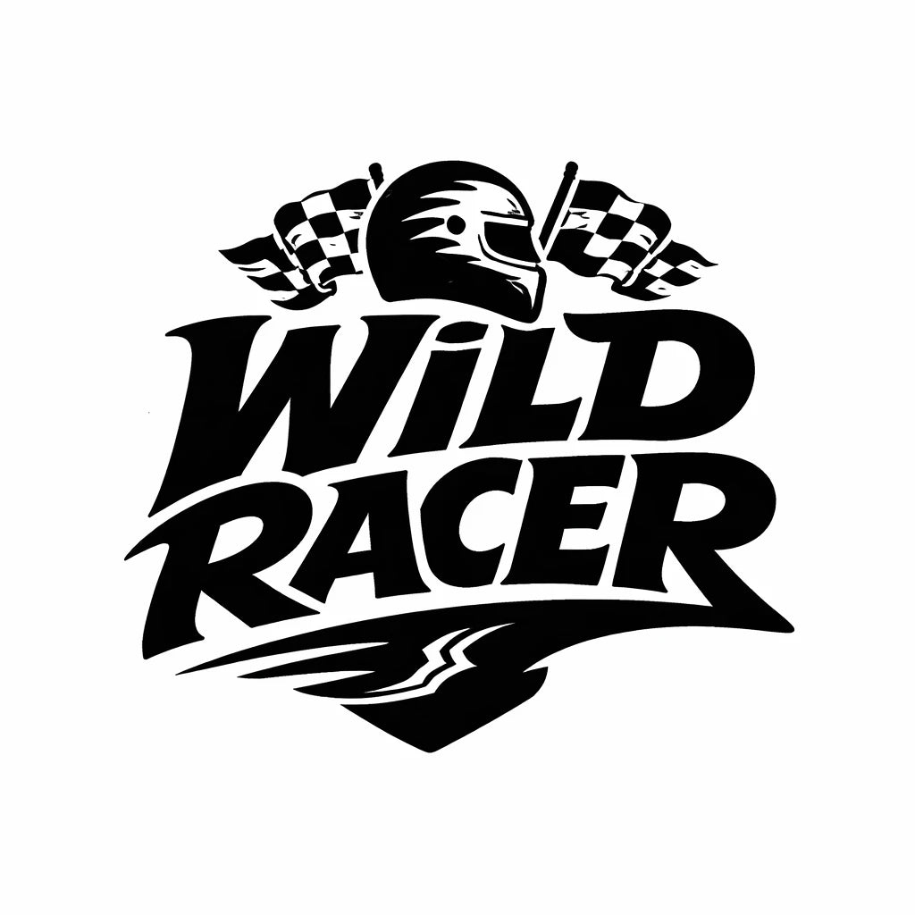 Black emblem logo design with bold typography and iconic symbol, prompt for timeless brand identity: Wild Racer