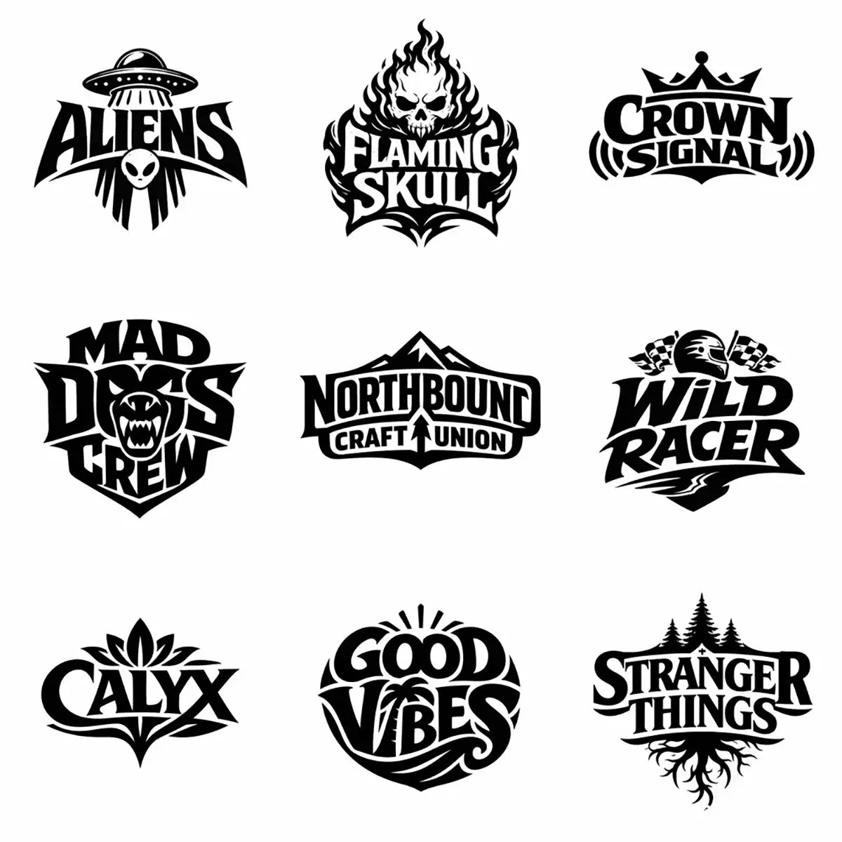 Nine Black emblem logo designs with bold typography and iconic symbols generated using a ChatGPT prompt for timeless brand identity