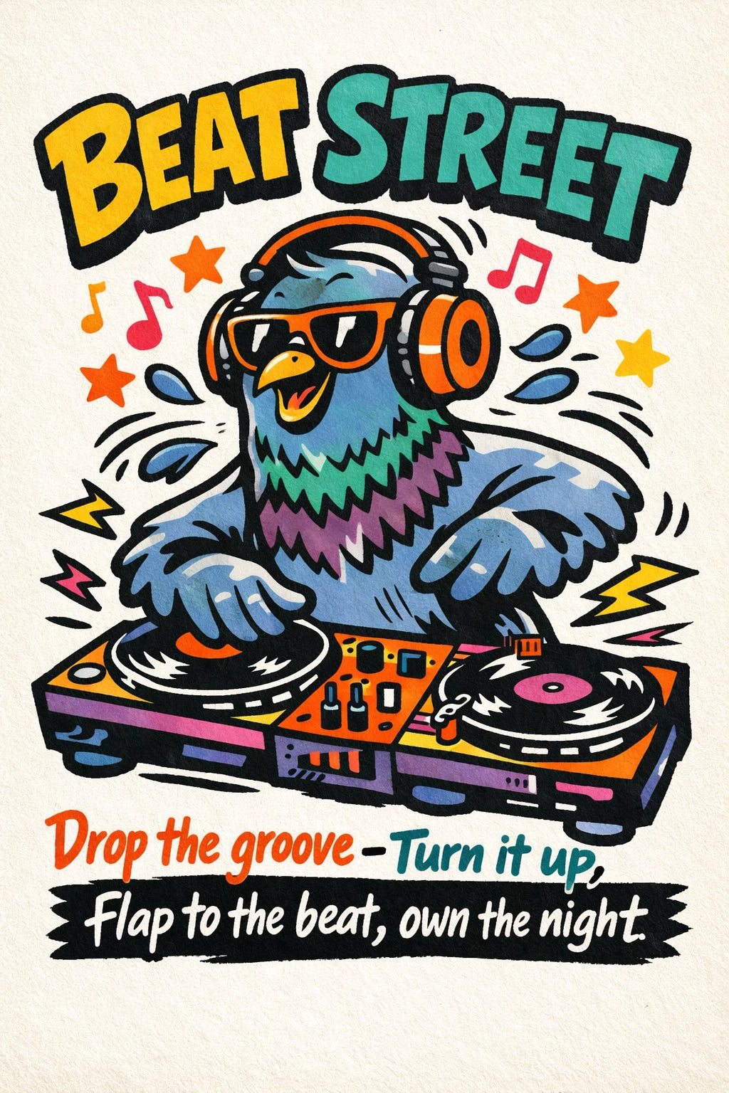Example output from the Indie Cartoon Tee Designs ChatGPT prompt: a Beat Street tee graphic with a pigeon DJ in headphones working a turntable, tagline drop the groove turn it up flap to the beat own the night.