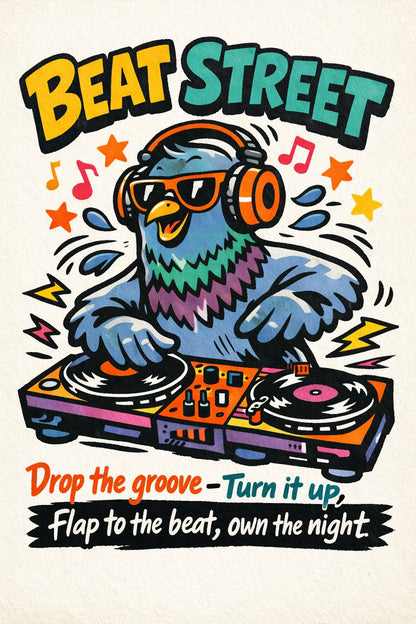 Example output from the Indie Cartoon Tee Designs ChatGPT prompt: a Beat Street tee graphic with a pigeon DJ in headphones working a turntable, tagline drop the groove turn it up flap to the beat own the night.