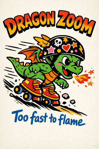 Example output from the Indie Cartoon Tee Designs ChatGPT prompt: a Dragon Zoom cartoon tee graphic with thick outlines, punchy color blocking and a headline and tagline layout on poster-paper texture.