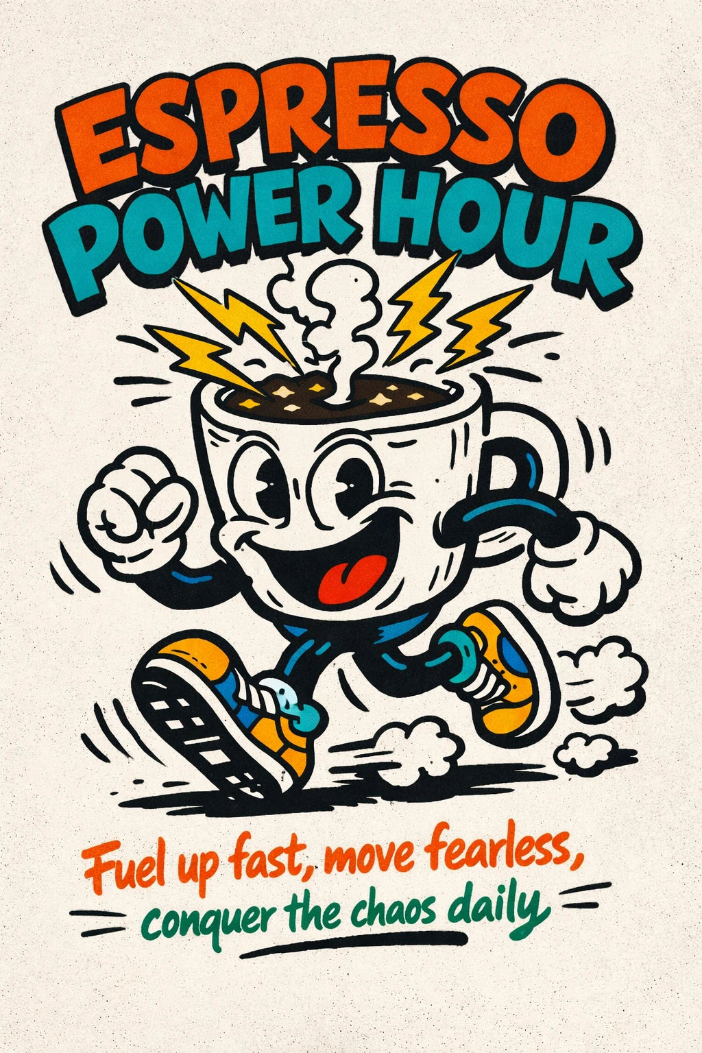 Example output from the Indie Cartoon Tee Designs ChatGPT prompt: an Espresso Power Hour tee graphic with a running coffee cup character and lightning bolts, tagline fuel up fast move fearless conquer the chaos daily.