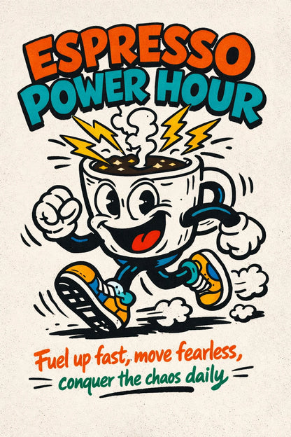 Example output from the Indie Cartoon Tee Designs ChatGPT prompt: an Espresso Power Hour tee graphic with a running coffee cup character and lightning bolts, tagline fuel up fast move fearless conquer the chaos daily.