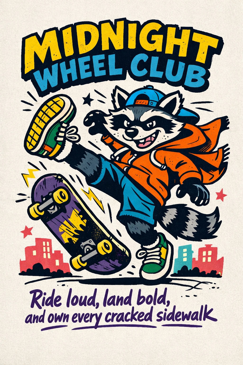 Example output from the Indie Cartoon Tee Designs ChatGPT prompt: a Midnight Wheel Club tee graphic with a raccoon skateboarder mid-trick, tagline ride loud land bold and own every cracked sidewalk.