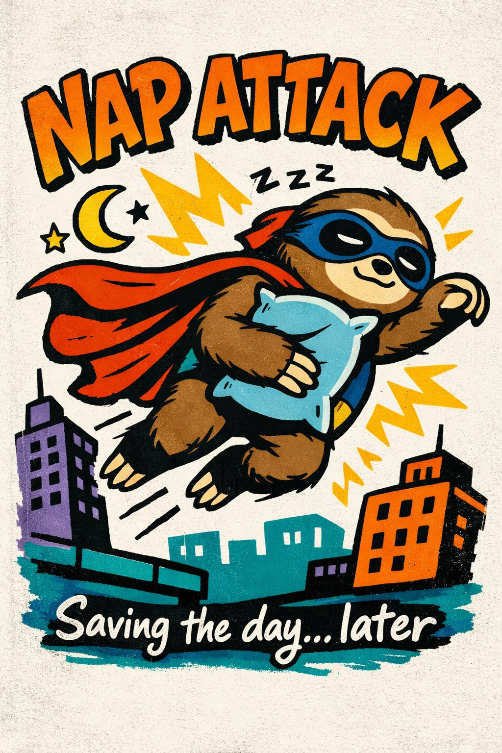 Example output from the Indie Cartoon Tee Designs ChatGPT prompt: a Nap Attack tee graphic with a caped superhero sloth flying over a city holding a pillow, tagline saving the day later.
