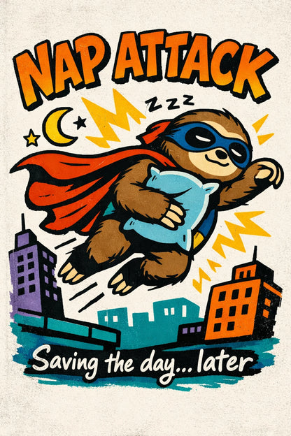 Example output from the Indie Cartoon Tee Designs ChatGPT prompt: a Nap Attack tee graphic with a caped superhero sloth flying over a city holding a pillow, tagline saving the day later.