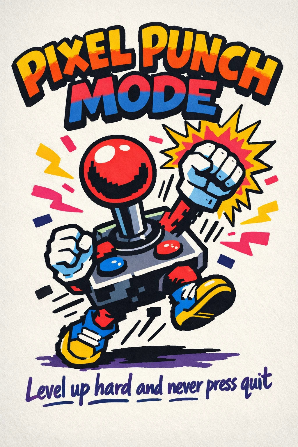 Example output from the Indie Cartoon Tee Designs ChatGPT prompt: a Pixel Punch Mode tee graphic with an arcade joystick character throwing a punch, tagline level up hard and never press quit.