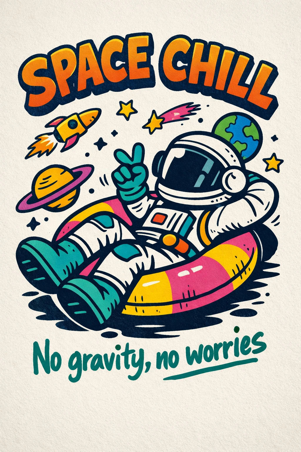 Example output from the Indie Cartoon Tee Designs ChatGPT prompt: a Space Chill cartoon tee graphic with thick outlines, punchy color blocking and a headline and tagline layout on poster-paper texture.