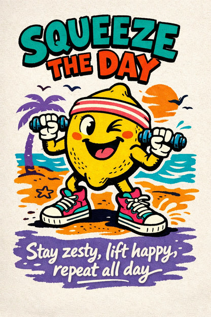 Example output from the Indie Cartoon Tee Designs ChatGPT prompt: a Squeeze The Day tee graphic with a smiling lemon character lifting dumbbells on a beach, tagline stay zesty lift happy repeat all day.