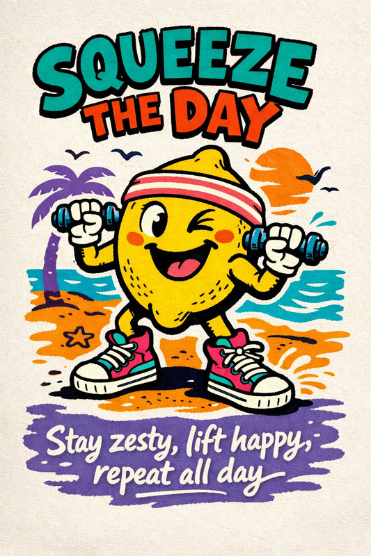 Example output from the Indie Cartoon Tee Designs ChatGPT prompt: a Squeeze The Day tee graphic with a smiling lemon character lifting dumbbells on a beach, tagline stay zesty lift happy repeat all day.