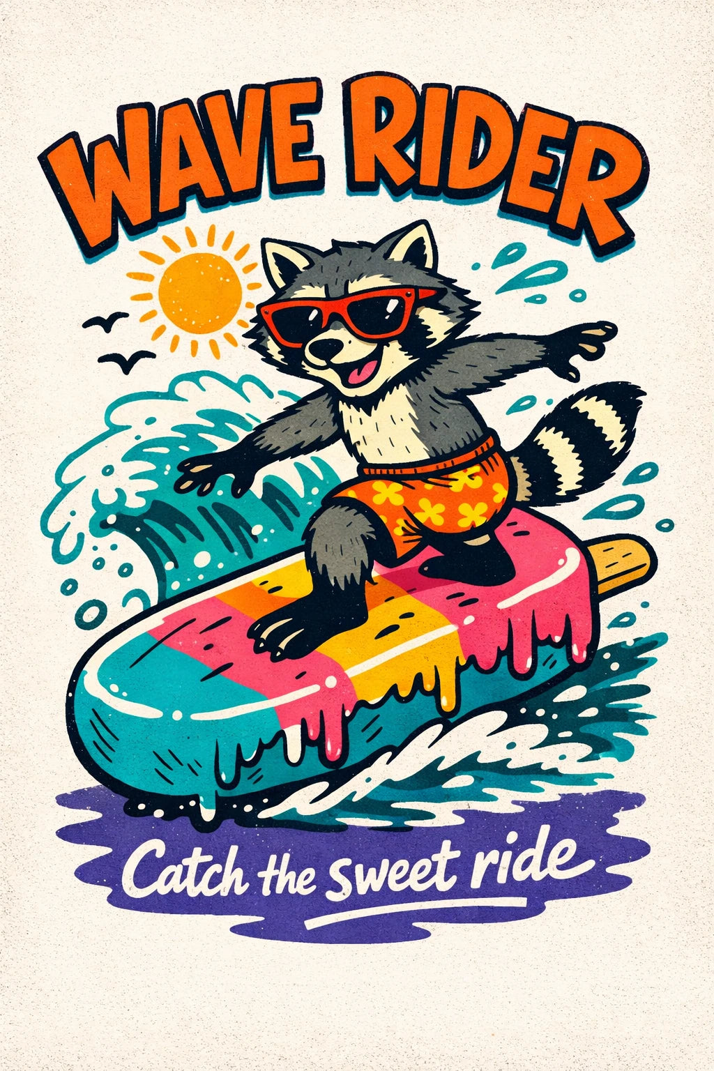 Example output from the Indie Cartoon Tee Designs ChatGPT prompt: a Wave Rider cartoon tee graphic with thick outlines, punchy color blocking and a headline and tagline layout on poster-paper texture.