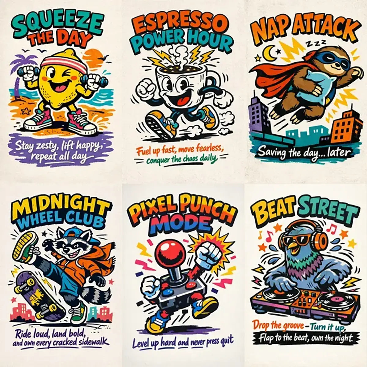 Example output from the Indie Cartoon Tee Designs ChatGPT prompt: a six-design grid of screen-print style cartoon t-shirt graphics with thick outlines, chunky headline type and bottom taglines on poster-paper texture, featuring a lemon, coffee cup, sloth, raccoon skater, arcade joystick and DJ pigeon.
