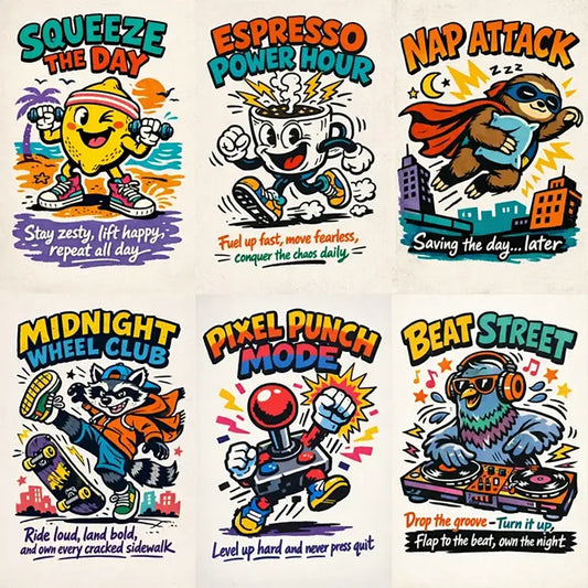 Example output from the Indie Cartoon Tee Designs ChatGPT prompt: a six-design grid of screen-print style cartoon t-shirt graphics with thick outlines, chunky headline type and bottom taglines on poster-paper texture, featuring a lemon, coffee cup, sloth, raccoon skater, arcade joystick and DJ pigeon.