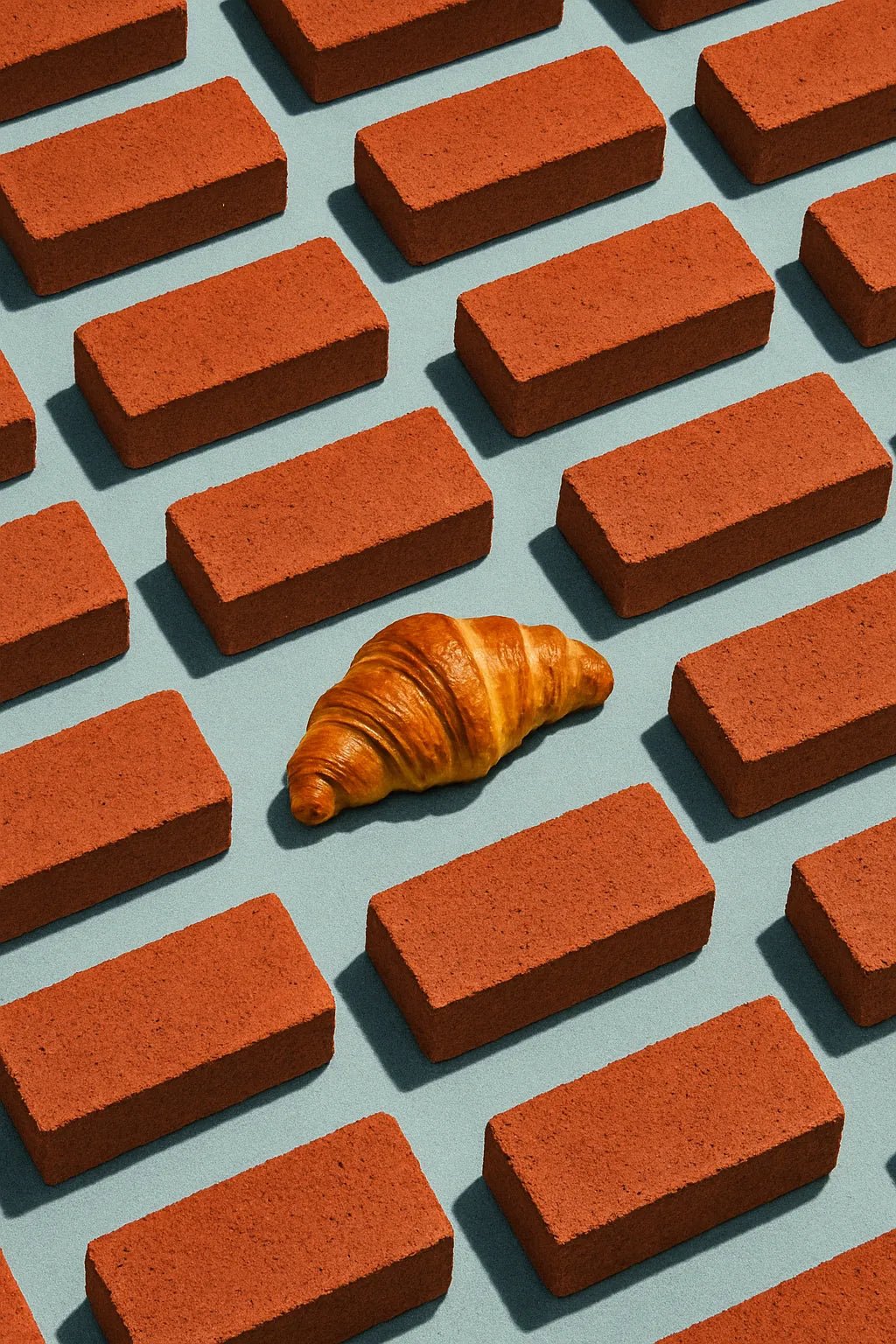 Example output from the Infinite Object Grids With A Twist ChatGPT prompt: visually symbolic object grids disrupted by a single odd element, featuring cropped compositions, sharp lighting, and emotional contrast for viral visuals. Croissant.