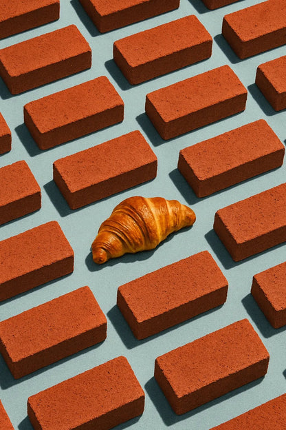 Example output from the Infinite Object Grids With A Twist ChatGPT prompt: visually symbolic object grids disrupted by a single odd element, featuring cropped compositions, sharp lighting, and emotional contrast for viral visuals. Croissant.