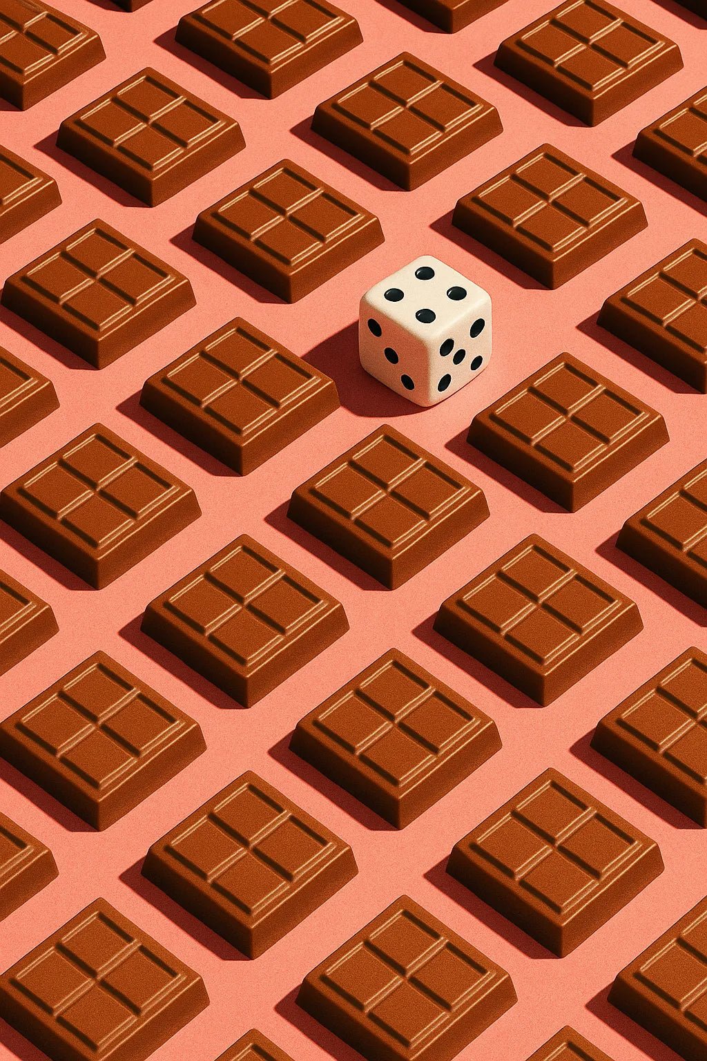 Example output from the Infinite Object Grids With A Twist ChatGPT prompt: visually symbolic object grids disrupted by a single odd element, featuring cropped compositions, sharp lighting, and emotional contrast for viral visuals. Dice.