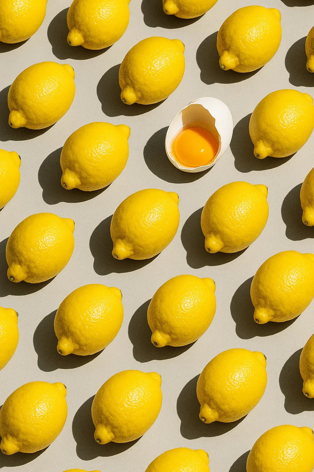 Example output from the Infinite Object Grids With A Twist ChatGPT prompt: visually symbolic object grids disrupted by a single odd element, featuring cropped compositions, sharp lighting, and emotional contrast for viral visuals. Egg.