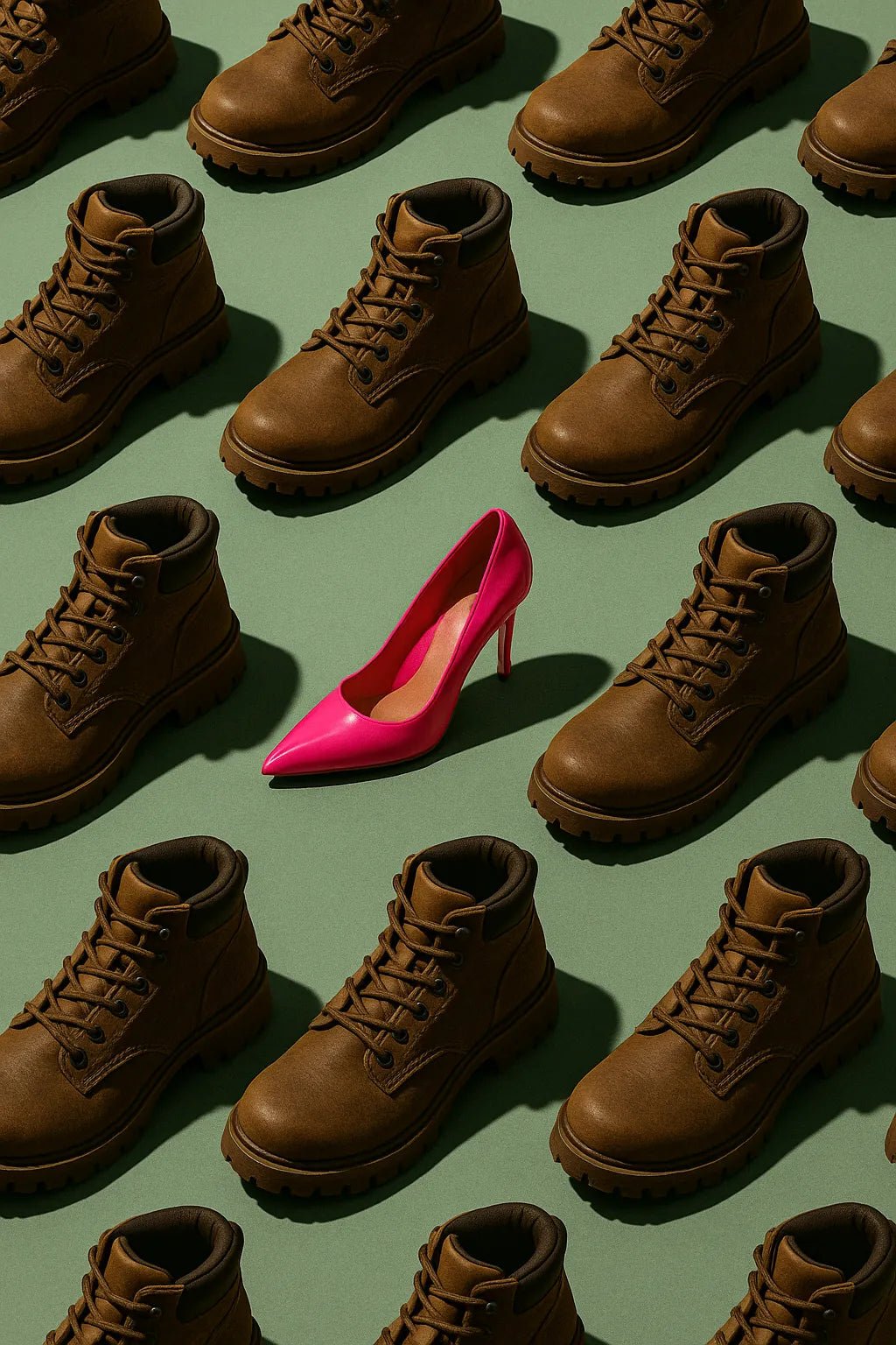 Example output from the Infinite Object Grids With A Twist ChatGPT prompt: visually symbolic object grids disrupted by a single odd element, featuring cropped compositions, sharp lighting, and emotional contrast for viral visuals. Highheels. 