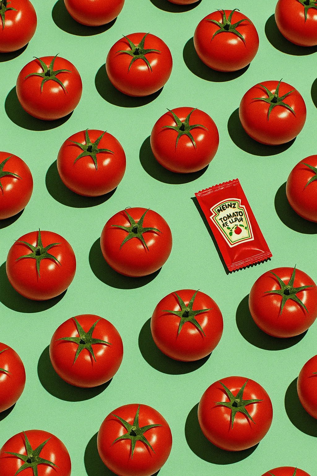Example output from the Infinite Object Grids With A Twist ChatGPT prompt: visually symbolic object grids disrupted by a single odd element, featuring cropped compositions, sharp lighting, and emotional contrast for viral visuals. Ketchup.