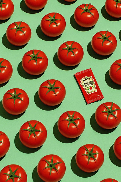 Example output from the Infinite Object Grids With A Twist ChatGPT prompt: visually symbolic object grids disrupted by a single odd element, featuring cropped compositions, sharp lighting, and emotional contrast for viral visuals. Ketchup.