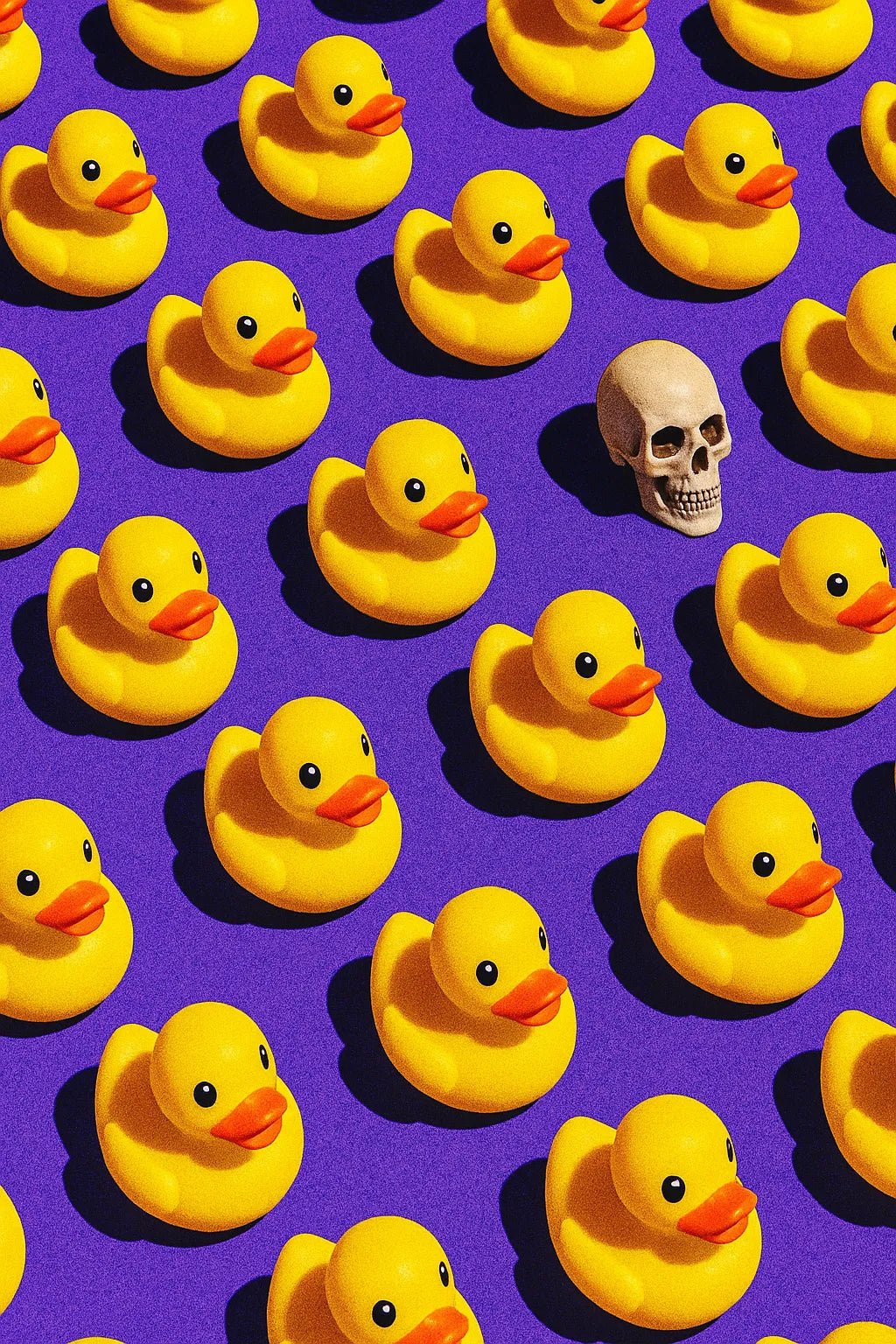 Example output from the Infinite Object Grids With A Twist ChatGPT prompt: visually symbolic object grids disrupted by a single odd element, featuring cropped compositions, sharp lighting, and emotional contrast for viral visuals. Skull.