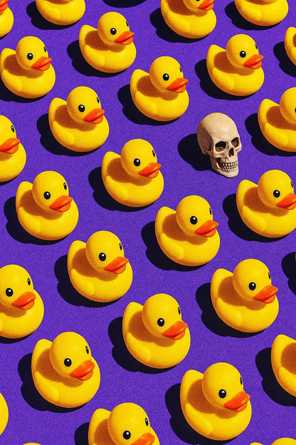 Example output from the Infinite Object Grids With A Twist ChatGPT prompt: visually symbolic object grids disrupted by a single odd element, featuring cropped compositions, sharp lighting, and emotional contrast for viral visuals. Skull.