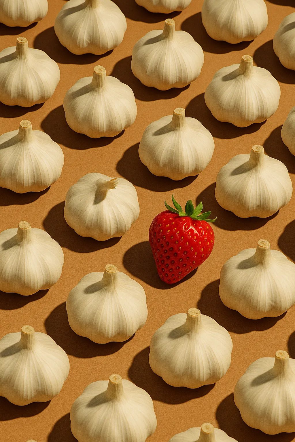 Example output from the Infinite Object Grids With A Twist ChatGPT prompt: visually symbolic object grids disrupted by a single odd element, featuring cropped compositions, sharp lighting, and emotional contrast for viral visuals. Strawberry.