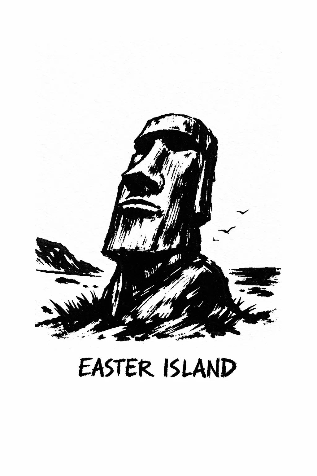 Minimalist black ink travel poster illustration featuring "Easter Island" with bold brush strokes and strong negative space on white background. 